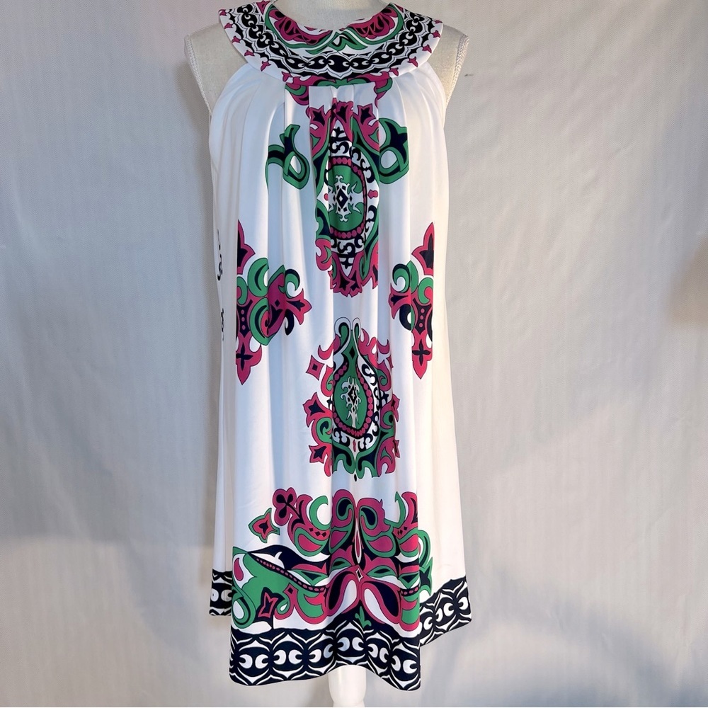 Tibi Dress Greek Pleated Sleeveless Pink Green Black & White Design S 👍